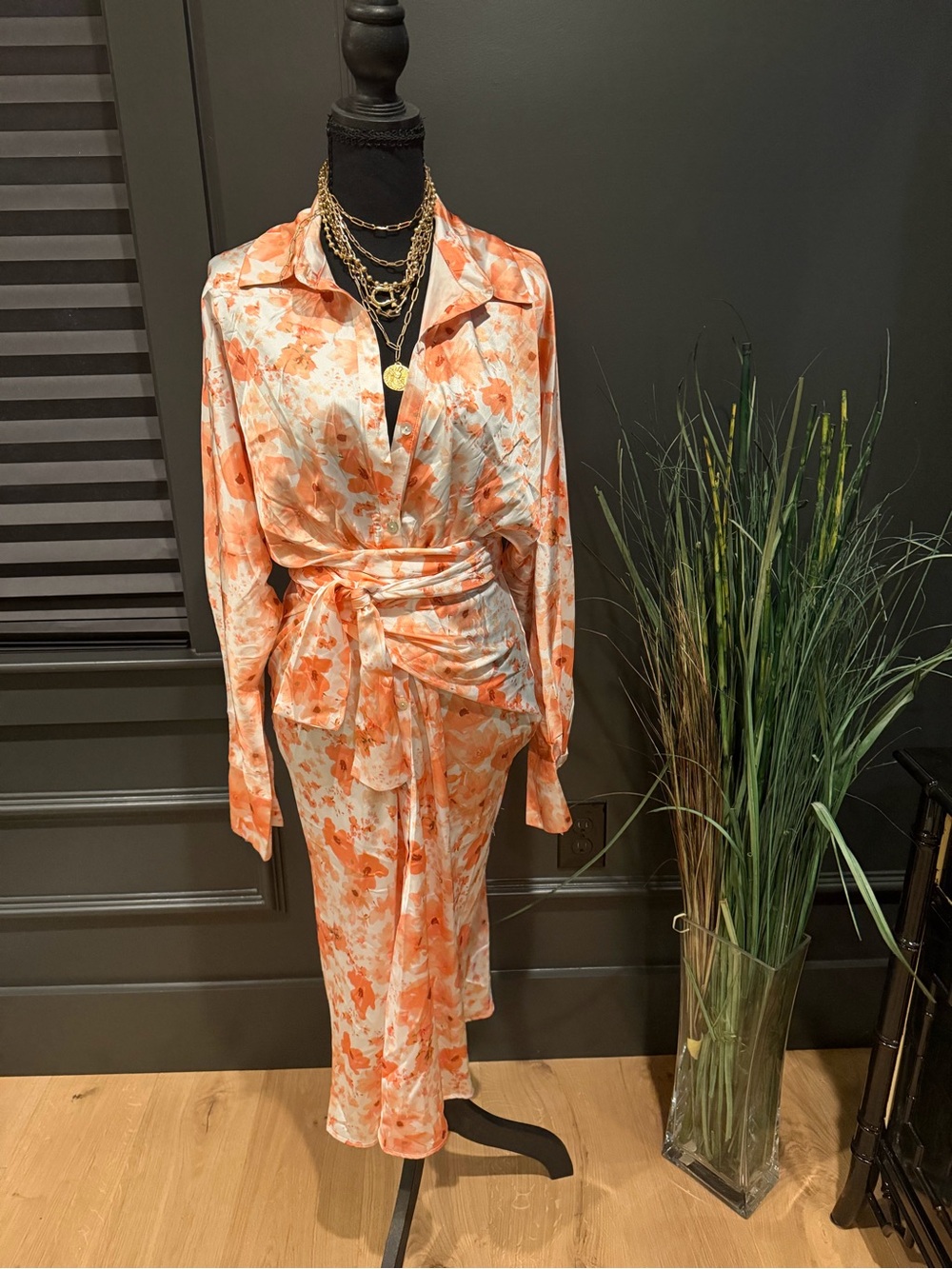 Hello Molly Peach Floral Satin Midi Dress with Wrap Tie